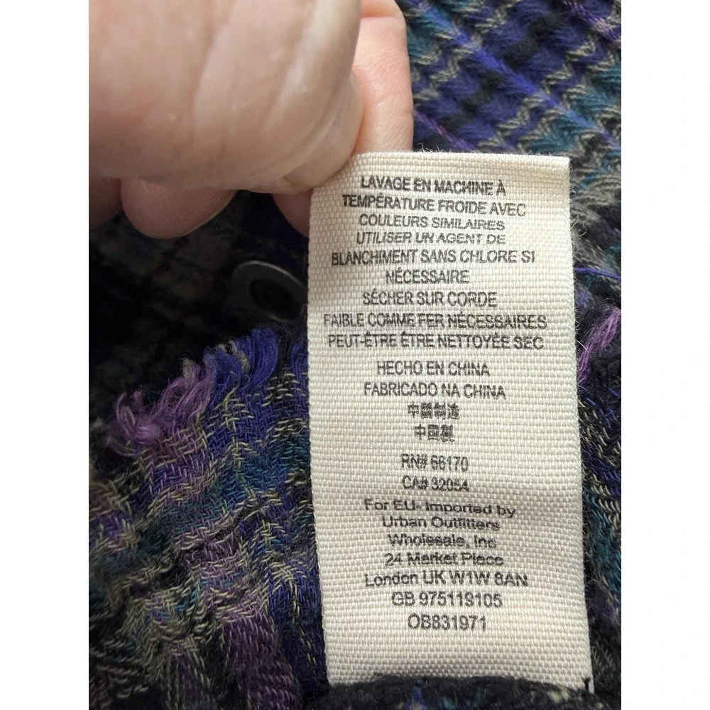 Free People Shirt Womens XS Purple Plaid Button Front Frayed Hem Tunic‎ Top